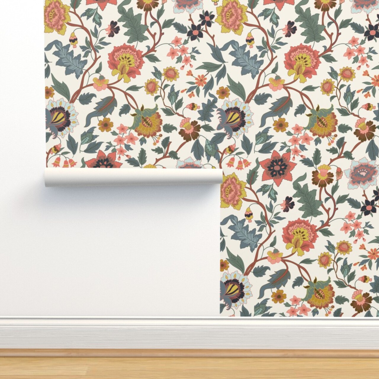 Multicolor Flowers Folk Garden Bedroom Italian Botanical Florals Villa Sage Mustard Coral Wildflower Meadow Large Scale Custom Pre-pasted Wallpaper by Spoonflower Pre-Pasted Wallpaper 2FT Wide